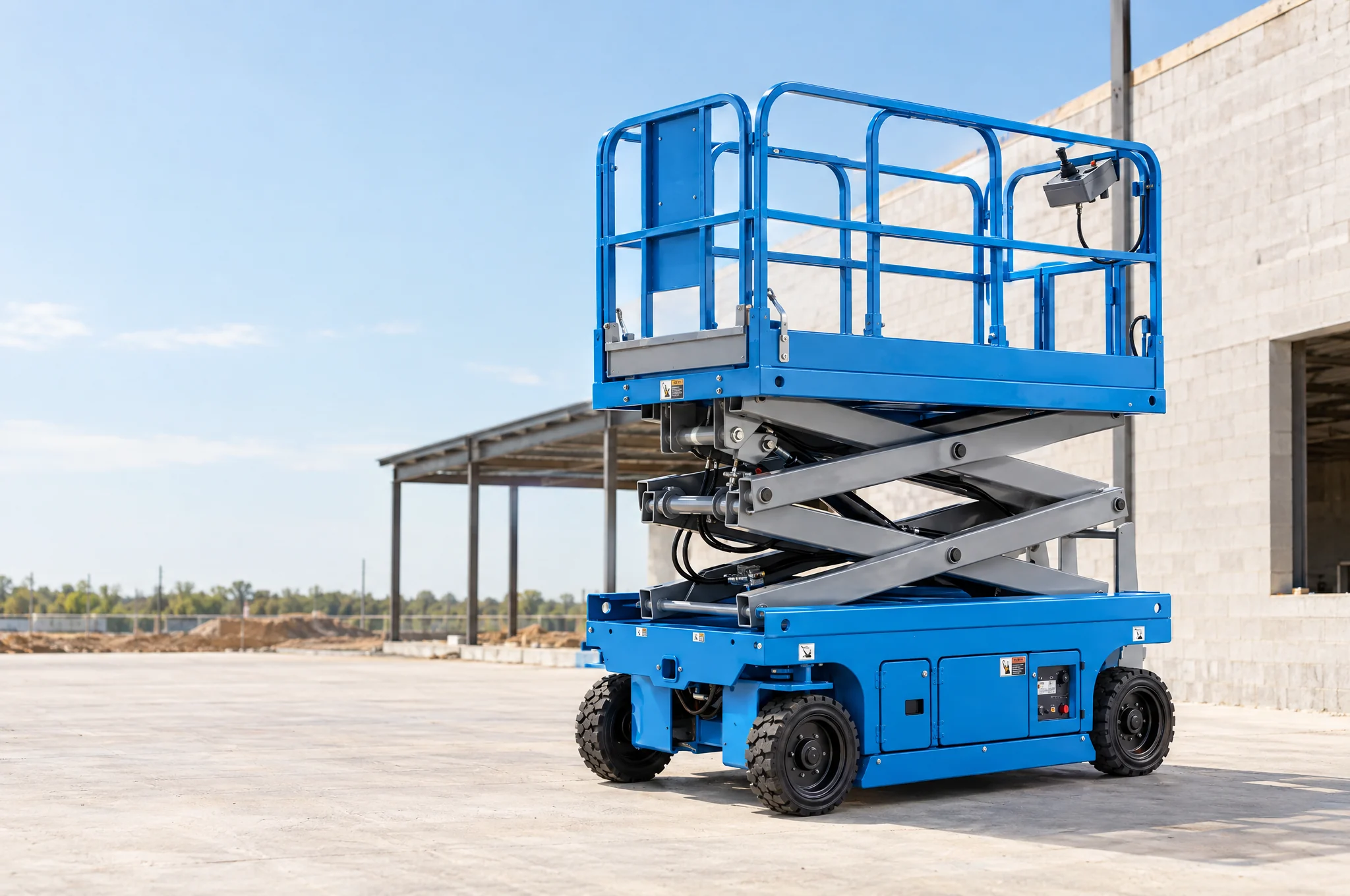 Large blue scissor lift parked on a concrete slab beside an unfinished commercial building