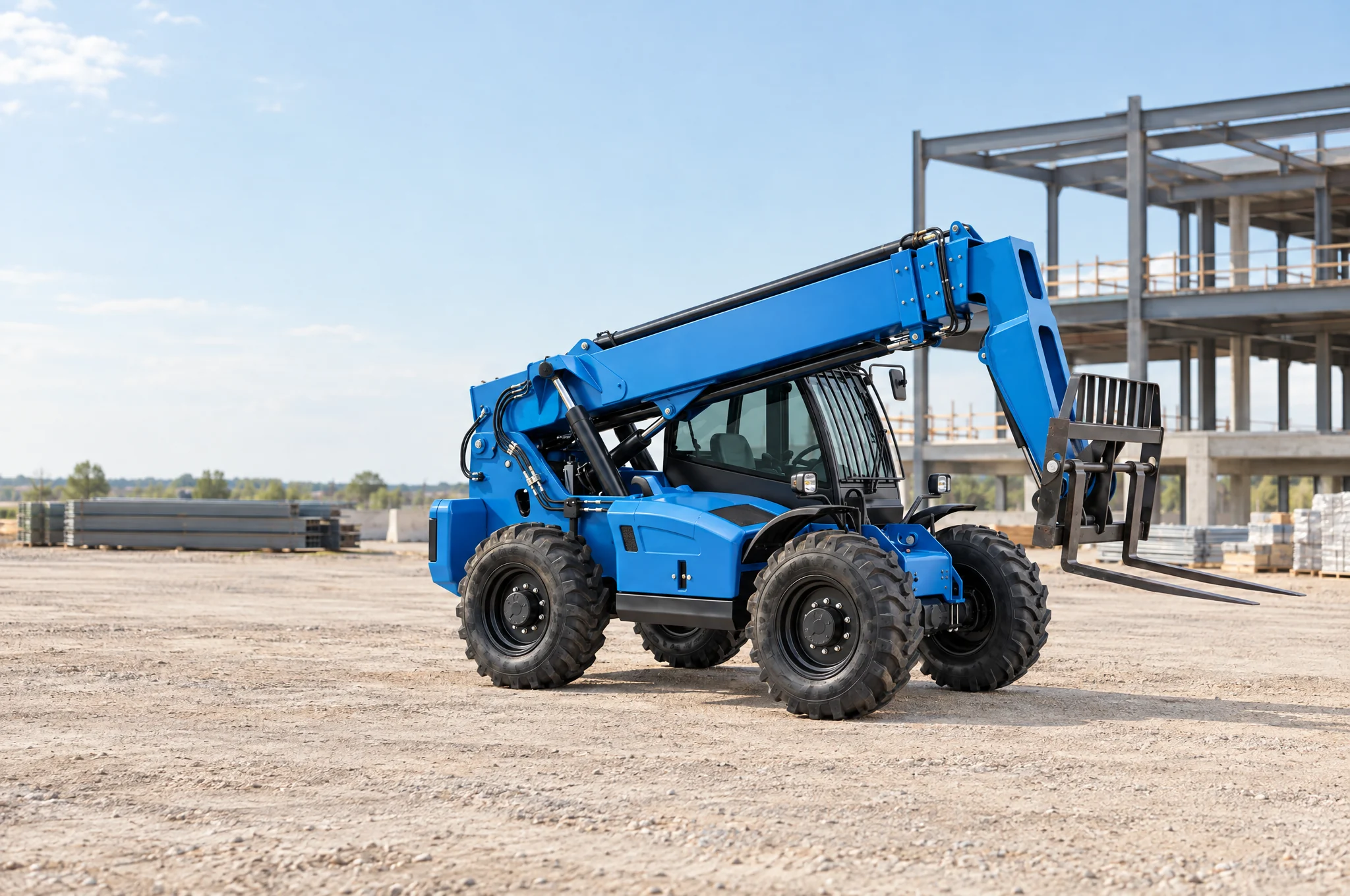 Large blue telehandler parked beside a commercial building frame in daylight