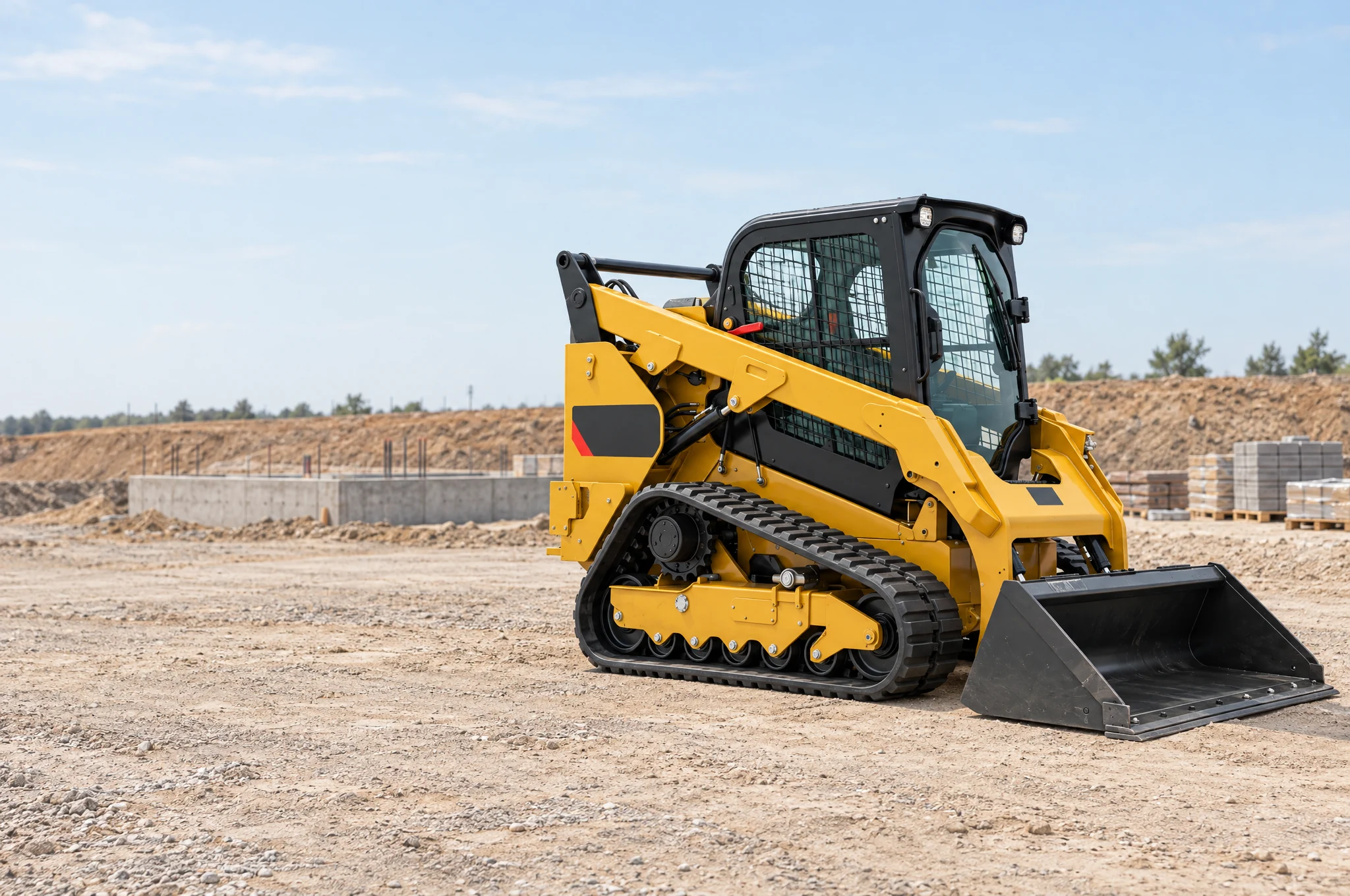 Large yellow compact track loader parked on a graded construction site in daylight